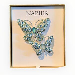 NWT Napier Silver Tone Elevated Butterflies Blue Green Brooch Pin